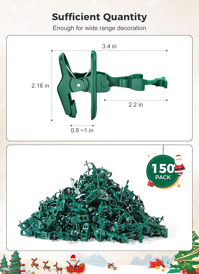 C7 C9 Christmas Lights Spring Clips, 150 Count Holiday Lights Quick Spring Clips, Shatterproof Shingle and Gutter Clips for E12, E17Socket, Rope Lights Roofline Fence Railing Mantel Christmas Trees