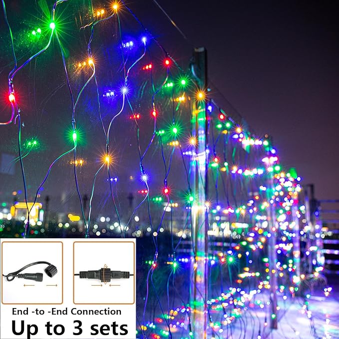 Joomer Christmas Net Lights - 12FT x 5FT 360 LED Plug-in Mesh Lights, Waterproof with 8 Modes, Timer, Connectable for Bushes, Trees, Garden, Outdoor Christmas Decor (Green Wire, Multicolor)