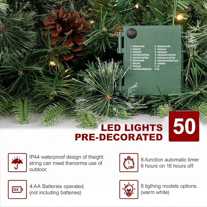 9FT Prelit Christmas Garland Decorations Snow with Dual Color LED Lights and Timer by Remote Control and Batteries Operated, Home Mantle Stairs Railing Fireplace Outdoor Indoor Wall