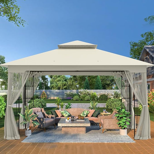 10x12 Outdoor Gazebo Tent with Netting, Double Roof Patio Gazebo with Soft Fabric Top, Outdoor Pavilion for Backyard Patio Garden Lawn, Beige