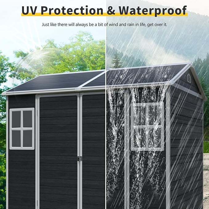 8x6 FT Resin Storage Sheds Outdoor with Floor, 2 Windows & Lockable Door Storage Shed - Waterproof Garden Tool Shed, Patio & Backyard Tool Storage Cabinet Use - Black
