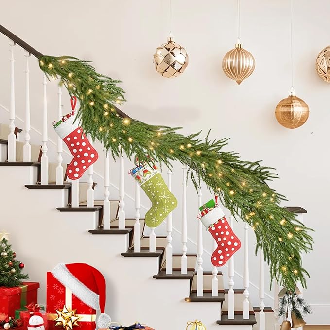 6 Ft Norfolk Pine Garlands, Real Touch Winter Pine Garland, Dense Green Artificial Greenery Garland for Table, Mantle, Staires, Wall, Indoor, Outdoor Christmas Decorations