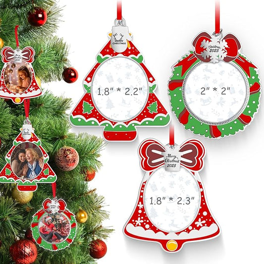 MGparty 3 Pack Christmas Picture Frame Ornaments Xmas Metal Hanging Photo Frame with Pendants 2025 Holiday Keepsake Gifts Christmas Tree Decorations
