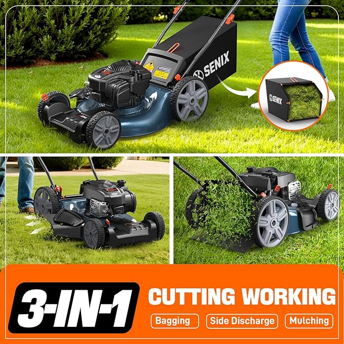 SENIX Self Propelled Gas Lawn Mower 21''- 140 cc 4-Cycle Briggs & Stratton Engine, 3-in-1 Bagging, Mulching, and Side Discharge, 6 Heights Adjustment, Gas Lawn Mower