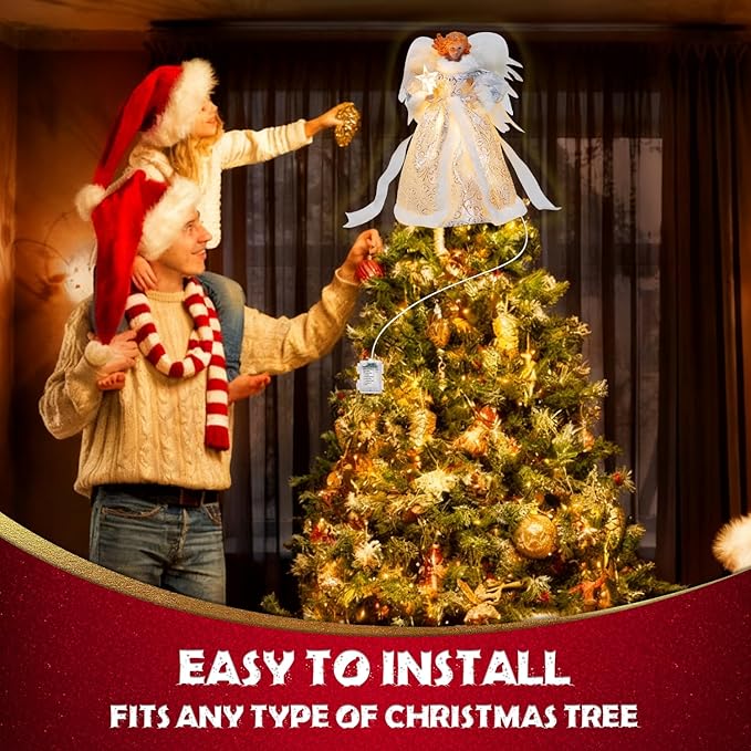 Christmas Tree Topper Angel – 12" Lighted Angel Christmas Tree Topper with Lights, Xmas Tree Toppers Decorations Ornament with White Feather Wings, for Holiday Home & Christmas Decorations