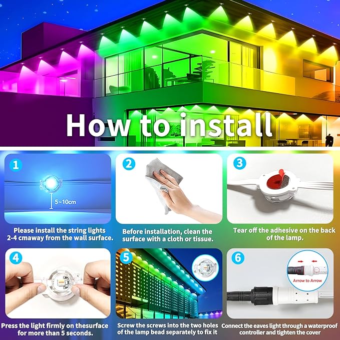 100FT Permanent Outdoor Light, IP67 Waterproof LED Eaves Light, App/Remote Control Christmas Lights, Suitable for House，Patio Decor Garden Party Festival Decoration