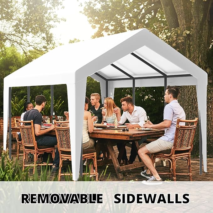 10x20 Carport, Heavy Duty Carports with Removable Sidewalls, Waterproof and UV-Resistant Portable Outdoor Garage Shelter for All Season (White)