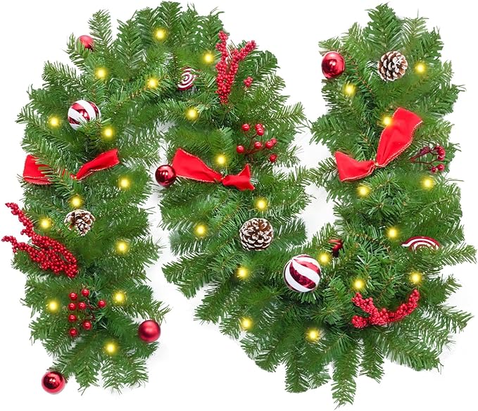 Christmas Garland with Lights, 6 Ft Real Touch Winter Pine Garland, Green Artificial Greenery Garland for Table, Table, Stairs, Door, Christmas Decor for Home Wedding Fireplace Party (One Pack)