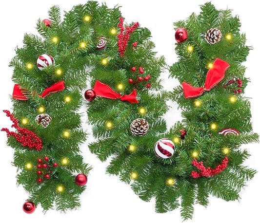 Christmas Garland with Lights, 6 Ft Real Touch Winter Pine Garland, Green Artificial Greenery Garland for Table, Table, Stairs, Door, Christmas Decor for Home Wedding Fireplace Party (One Pack)