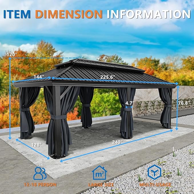 HOTEEL 12x20 Hardtop Gazebo on clearance with Metal Roof & Drainage System, Heavy Duty Galvanized Steel Gazebo with Aluminum Frame, Privacy Curtains and Netting, for All-Weather, Black (2025 Upgraded)