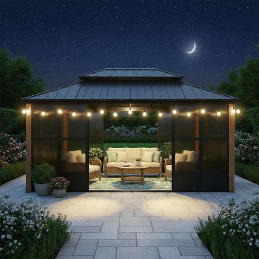 PURPLE LEAF 12' X 16' Sunroom Patio Hardtop Gazebo Double Top Galvanized Steel Screen House Aluminum Sun Room Outdoor Solarium for Garden Backyard and 24 Solar String Light