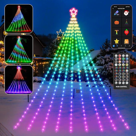 Outdoor Christmas Decorations, 16.4FT Smart RGB Color Changing Christmas Hanging Waterfall String Lights, APP Remote Control, DIY Multi-Color Lightshow, Music Sync, Outside Xmas Lights Decor