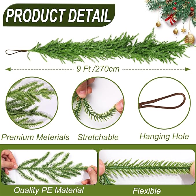 9 FT Christmas Norfolk Pine Garland Real Touch Artificial Faux Greenery Pine Christmas Garland Decorations for Home Mantle Table Stairs Door Fireplace Indoor Outdoor Xmas Holiday Decor