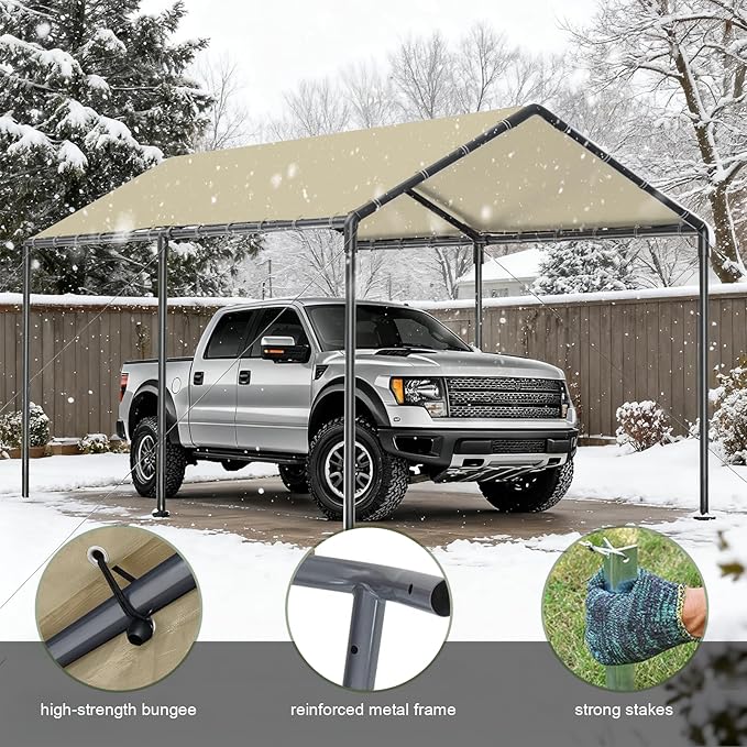 10x20 Heavy Duty Carport, Outdoor Carport Shelter with Reinforced Frame and Stakes, Waterproof Garage Car Port Tent (Beige)