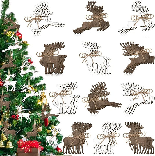Qunclay 36 Pcs Reindeer Christmas Ornaments for Tree Wooden Christmas Tree Decorations Rustic Vintage Deer Hanging Ornament Reindeer Wood Pendant with Rope for Home Xmas Gift Tags Holiday Party Decor