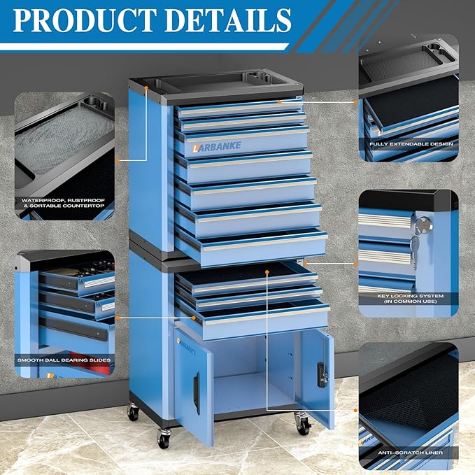10 Drawer Rolling Tool Chest with Locks& Multifunctional CounterTop,2 Different Types Tool Chest with Swivel Casters,Tool Cabinet with Connection Rods,Can Be Used Individually or In Combination