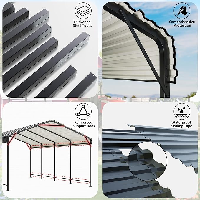 VIWAT Carport 12x20 FT Metal Carport with Enhanced Base Outdoor Heavy Duty Garage Galvanized Car Shelter for Pickup, Boat, Car and Tractors