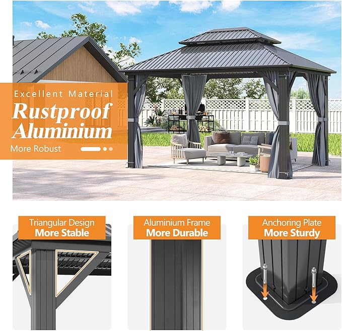 GARTOO 10'x12' Outdoor Hardtop Gazebo with Double Roof - Heavy-Duty Steel Top Aluminum Frame Gazebo with Breathable Netting & Privacy Curtain for Patio, Porch, Garden, Lawn, Deck, Backyard