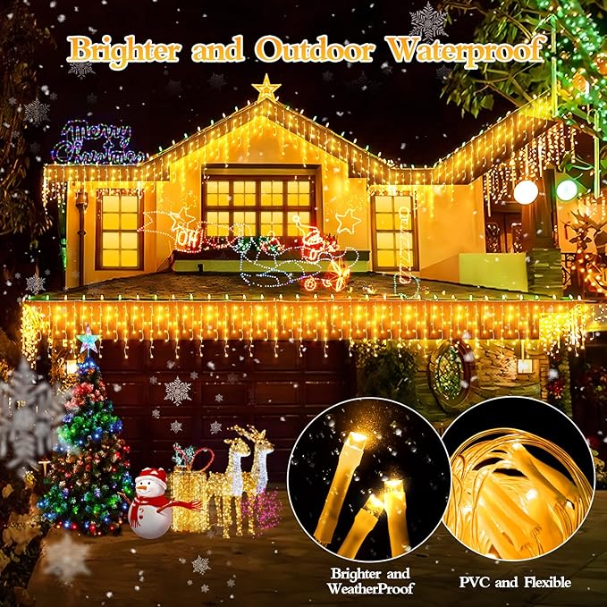 480 LED 49FT Christmas Lights Plug in 8 Modes with Timer Dimmable Ice Lights Outdoor Waterproof Indoor Ice String Lights for Roof Porch Garden Holiday Wedding Xmas Decor (Warm White)