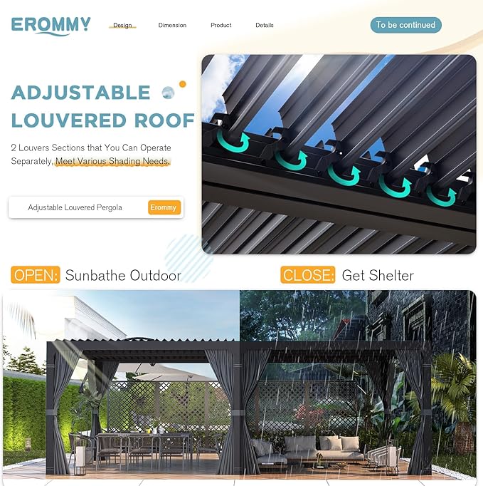 EROMMY Louvered Pergola 12' x 24' Outdoor Hard Top Pergola with Aluminum Frame and Adjustable Metal Rainproof Roof for Garden & Patio, Curtains and Netting Included, Gray-Black