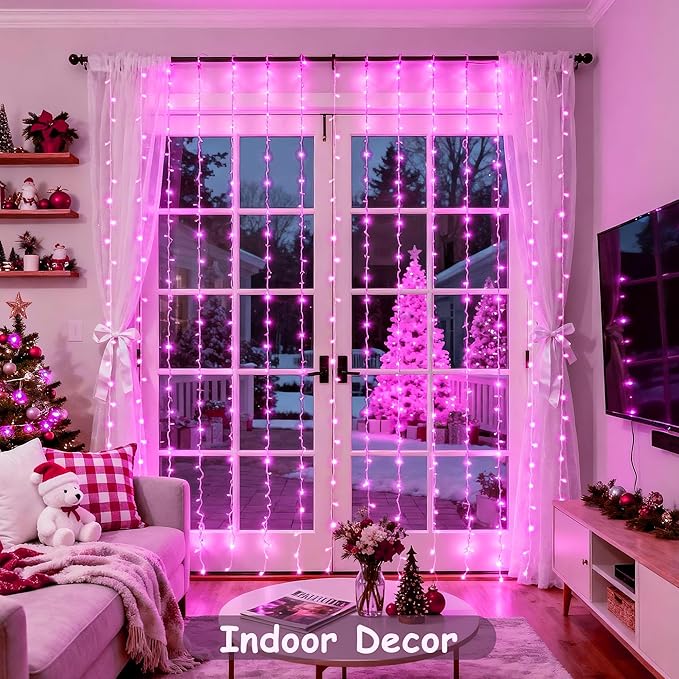 JMEXSUSS 300 LED Curtain Lights Plug in with Remote, 9.8X9.8FT Pink Christmas Lights Indoor, 8 Modes Pink String Lights for Bedroom Window Wall Party Backdrop Xmas Valentine Decorations