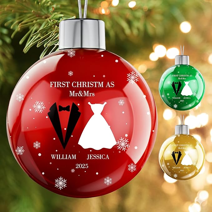 Personalized First Christmas Married Ornament 2025 - Custom Name Christmas Balls, Our First Xmas as Mr and Mrs Christmas Ornament - Bridal Shower Gift, Marriage Gifts, Wedding Gifts for Couples