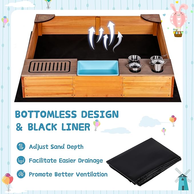 Sandbox with Cover, 2 in 1 Sandpit & Kitchen Playset, Outdoor Sand Box with Bottom Liner, PP Cover, Grill, Cooking Accessories, Toddlers Sandboxes for Backyard, Beach, Garden, Gift for Kids
