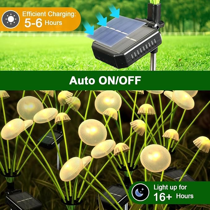 2 Pack 16 LEDs Solar Garden Lights, Upgraded 8 Modes Solar Lights Outdoor, IP65 Waterproof Swaying Light, Mushroom Outdoor Decor for Garden, Yard, Patio, Pathway (Warm White)