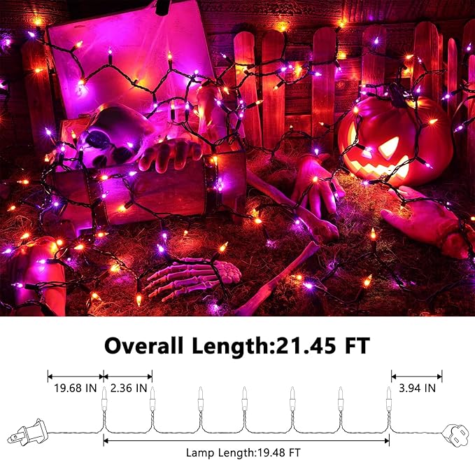 Halloween Lights - 2 Pack 21.5FT 100LED Conectable Waterproof String Lights Brighter Detachable Plug-in Lights Indoor & Outdoor for Halloween Decoration(Orange & Purple)
