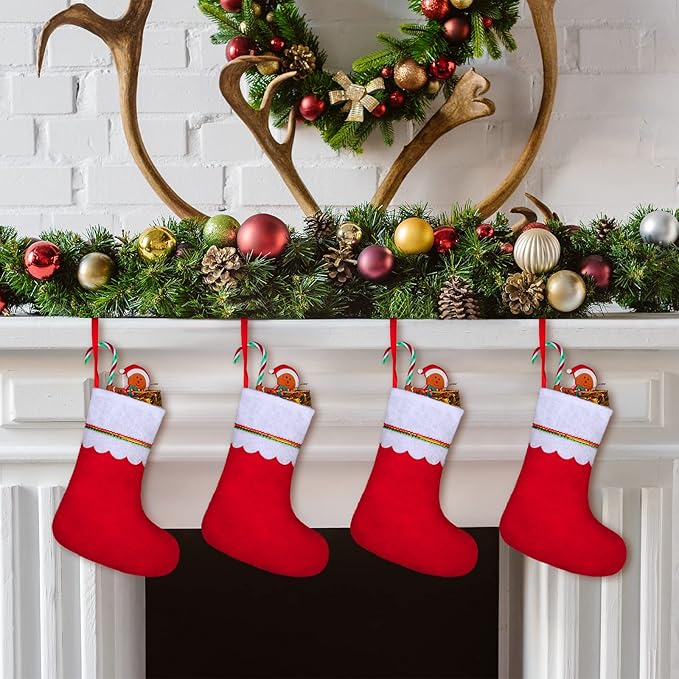 ANVAVO 24 Pack Christmas Stockings 9 Inch Red Felt Xmas Stockings Christmas Tree Hanging Ornaments for Xmas Wall Fireplace Door Window Decorations
