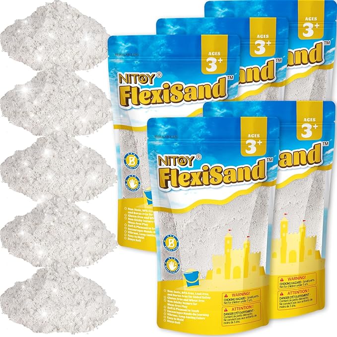 NiToy FlexiSand Value Pack 11lbs of Moldable Self-Sticking Sand, Never Dries Out-Fun for 3 Years and Up Kids Bulk Refill for Sensory Sand Box Toys, Ideal for Shaping, and Molding (White)