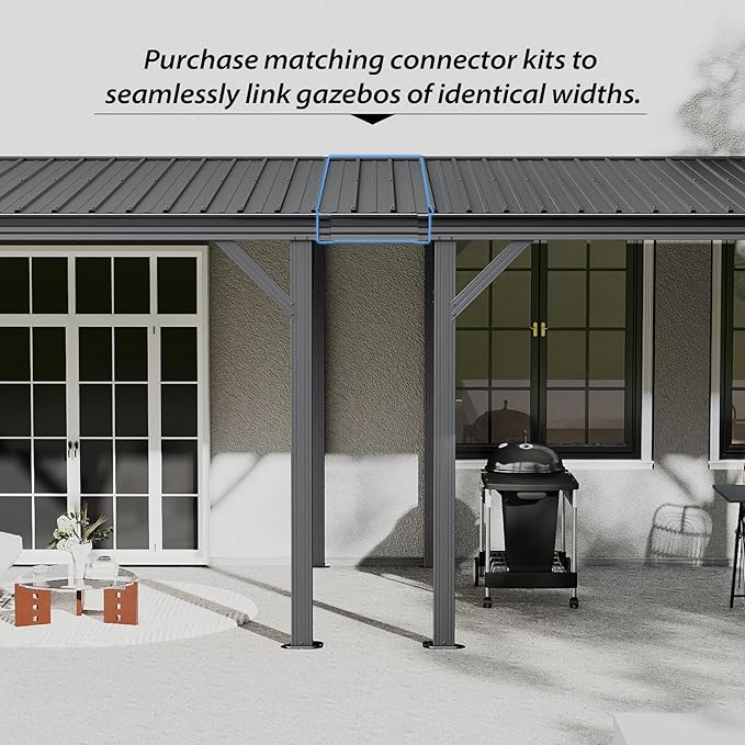 Domi 8'x8' Lean to Gazebo Hardtop, Expandable Wall Mounted Pergola with Gutters & Galvanized Steel Roof, 60MPH Wind Resistance, Outdoor Metal Heavy Duty Metal Awning for Patio, Deck, Backyard - Grey