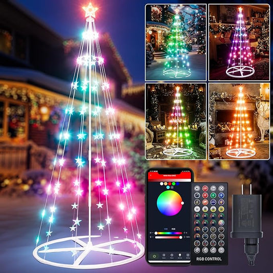 6.9ft Smart Led Christmas Cone Tree Light,Outdoor Lighted Christmas Tree 100 Led Lighted Artificial Tree with Star Topper, Remote App Control, DIY Colors Light Show Tree for Outdoor Decorations