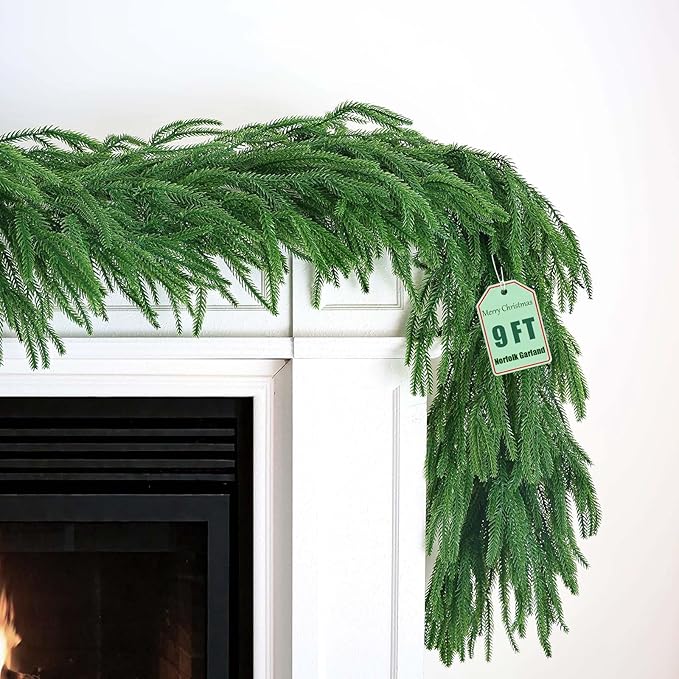 9FT Christmas Norfolk Pine Garland, Greenery Real Touch Decorations for Mantle Table Staircase Fireplace Mantel Porch Banister Holiday Home Winter Faux Xmas Garland Winter Indoor Outdoor Decor