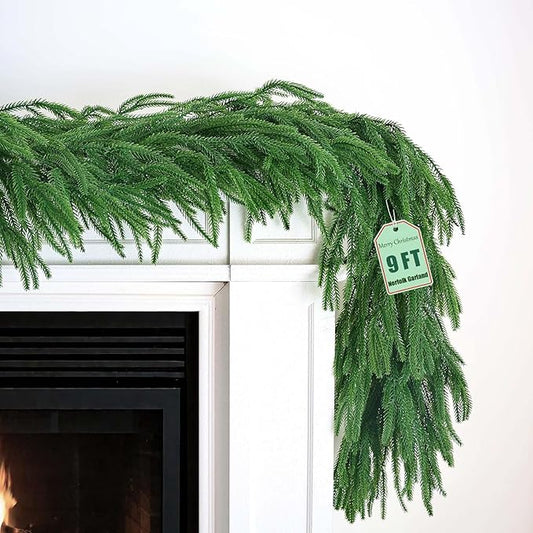 9FT Christmas Norfolk Pine Garland, Greenery Real Touch Decorations for Mantle Table Staircase Fireplace Mantel Porch Banister Holiday Home Winter Faux Xmas Garland Winter Indoor Outdoor Decor