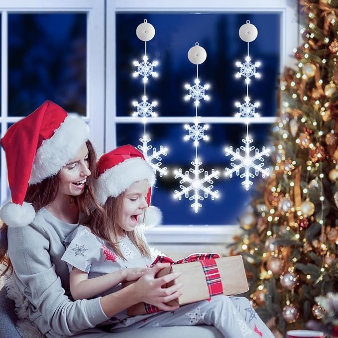 3Pack Christmas Window Lights Decorations with Timer, Battery Powered Christmas Hanging White Lighted Snowflake Shaped LED Sucker String for Xmas Tree Fireplace Indoor Decor