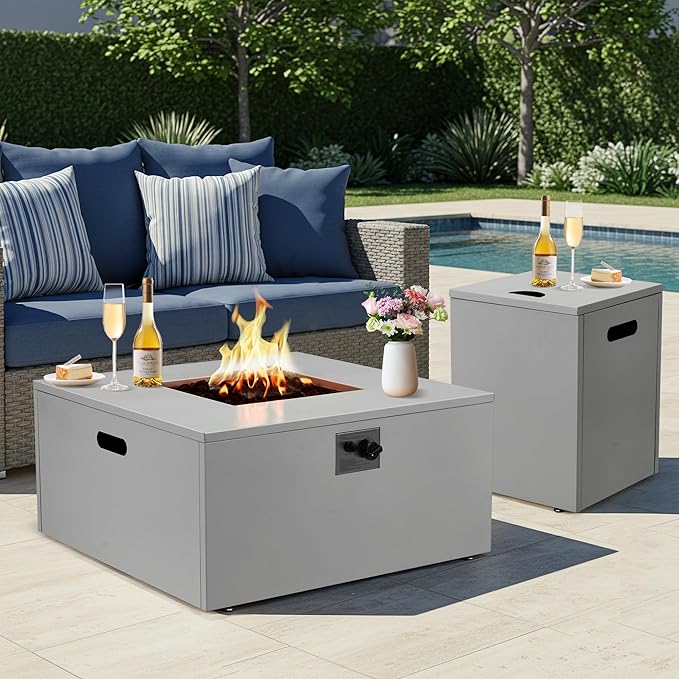 ECOTOUGE 2 Piece 32 Square Propane Fire Pit Table wirh Tank Holder, 50,000 BTU Outdoor Gas Fire Pit with Lid, Steel Fireplace w/Weather Cover, Lava Rocks for Patio, CSA Certified, Grey