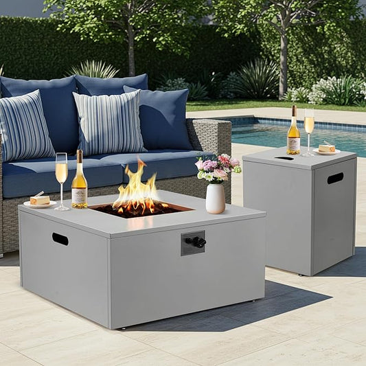 ECOTOUGE 2 Piece 32 Square Propane Fire Pit Table wirh Tank Holder, 50,000 BTU Outdoor Gas Fire Pit with Lid, Steel Fireplace w/Weather Cover, Lava Rocks for Patio, CSA Certified, Grey
