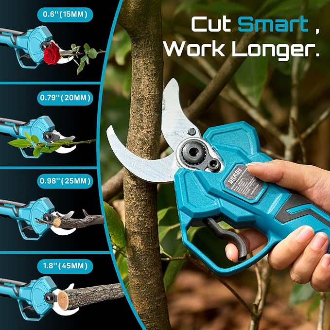 Seesii Electric Pruning Shears for Gardening: 1.8¡± Cutting Cordless Power Pruner - Brushless Motor, Dual 4.0Ah Battery, 4 Levels Adjustable Extra SK5 Blade Branches Cutter For Tree & Flower Trimming