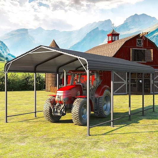 12' x 20' Carport, Heavy Duty Carport with Updated Roof & Enhanced Base, All Weather Steel Car Port, Multi-Use Car Port Garage, Metal Carports for Car, Truck, Boat, Tractors, Party, Grey