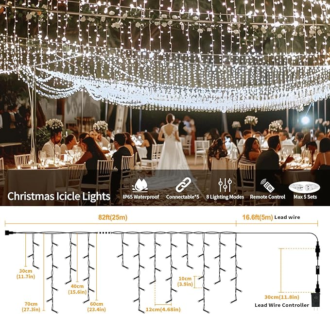Icicle Lights for Outside, 82ft 880 LED Icicle Christmas Lights Outdoor Waterproof, 176 Drops with Remote, 8 Modes & Dimmable, Timer for Christmas, Wedding, Party, House, Roof Decoration, White