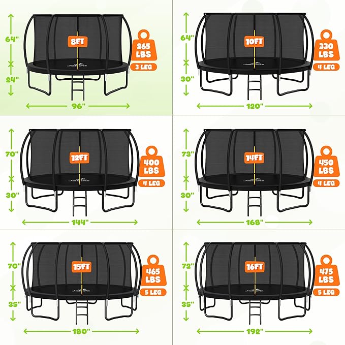 Trampoline 8FT 10FT 12FT 14FT 15FT 16FT, Recreational Trampolines with Enclosure Net and Ladder, Outdoor Anti-Rust Trampolines for Kids and Adults, ASTM Approved