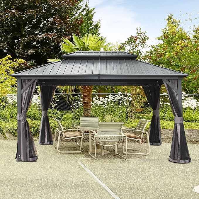 Domi 10' x 12' Hardtop Gazebo Permanent Metal Gazebo with Galvanized Steel Double Roof, Curtains and Netting for Patio, Backyard, Deck, Lawn, Gray