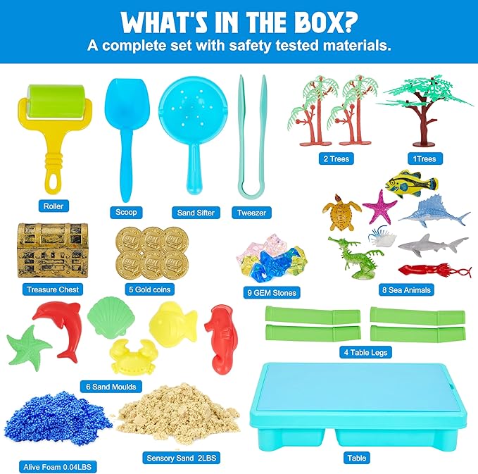 Ocean Sensory Table with Sands, Bin with Lid, Indoor Outdoor Use, Sand Art Kit for Boys and Girls, Toys for Toddlers Age 3-5, 17x11.5x10.2 Inches