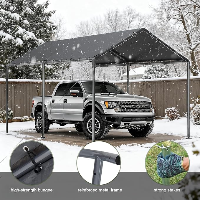 10x20 Heavy Duty Carport, Outdoor Carport Shelter with Reinforced Frame and Stakes, Waterproof Garage Car Port Tent (Gray)
