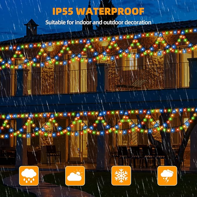 XTF2015 Christmas Lights Outdoor Color Changing 40FT 380 LED Christmas String Lights Extendable 8 Modes, Waterproof Half Round Christma s Light for House Roof Eaves Garden Patio(Multicolor)