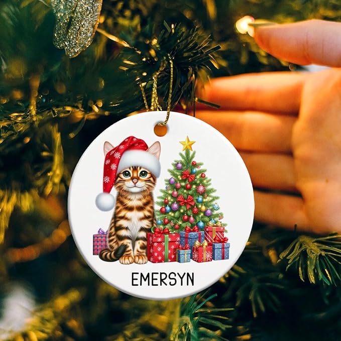 Customized Bengal Cat Ceramic Christmas Ornament with Name, Personalized Bengal Ornaments for Christmas Tree 2025, Cat Wearing Santa Hat Ornament Gift for Men Women Pet Lover, Pet Xmas Decor