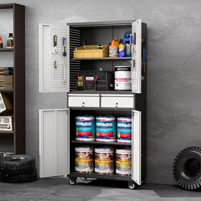 Aobabo 71 H 2 Drawer Metal Storage Cabinet with Wheels and 4 Pegboards,Lockable Steel Garage Storage Cabinet with 2 Adjustable Shelves,Black Sliver,Assembly Required