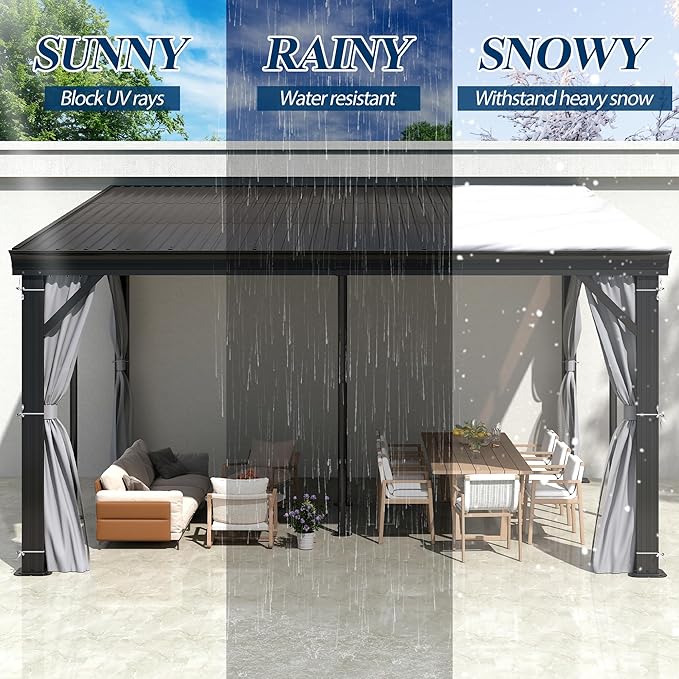 COVERONICS 12' X 14' Outdoor Lean to Gazebo - Wall-Mounted Aluminum Frame Gazebo with Slope Metal Roof, Patio Heavy-Duty Lean to Pergola with Netting & Curtains for Garden, Backyard, Deck