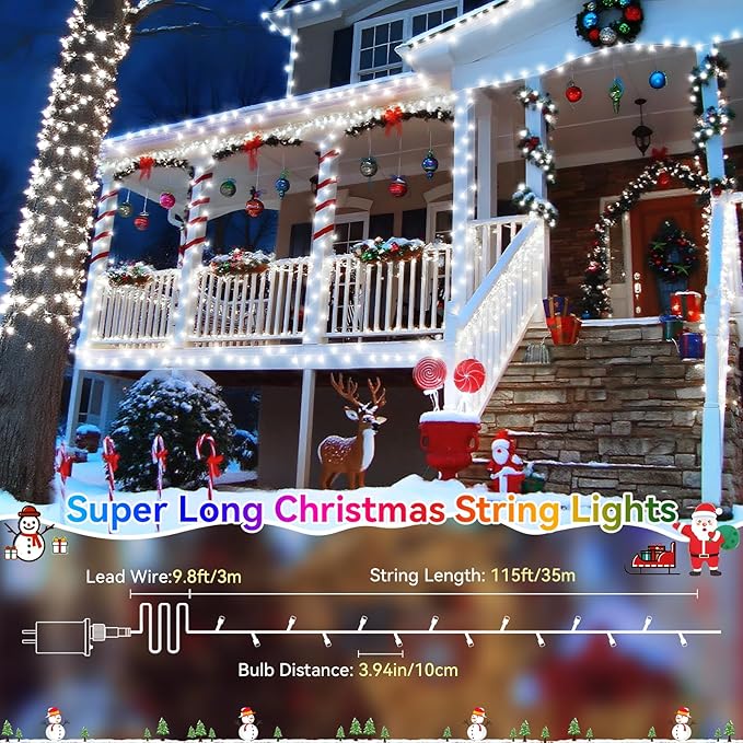 Heceltt Christmas Lights Outdoor, 125FT 350 LED String Lights 8 Modes and Timer Memory Function Twinkle Fairy Lights Waterproof Plug in for Xmas Tree Wedding Party Holiday Decor(White)